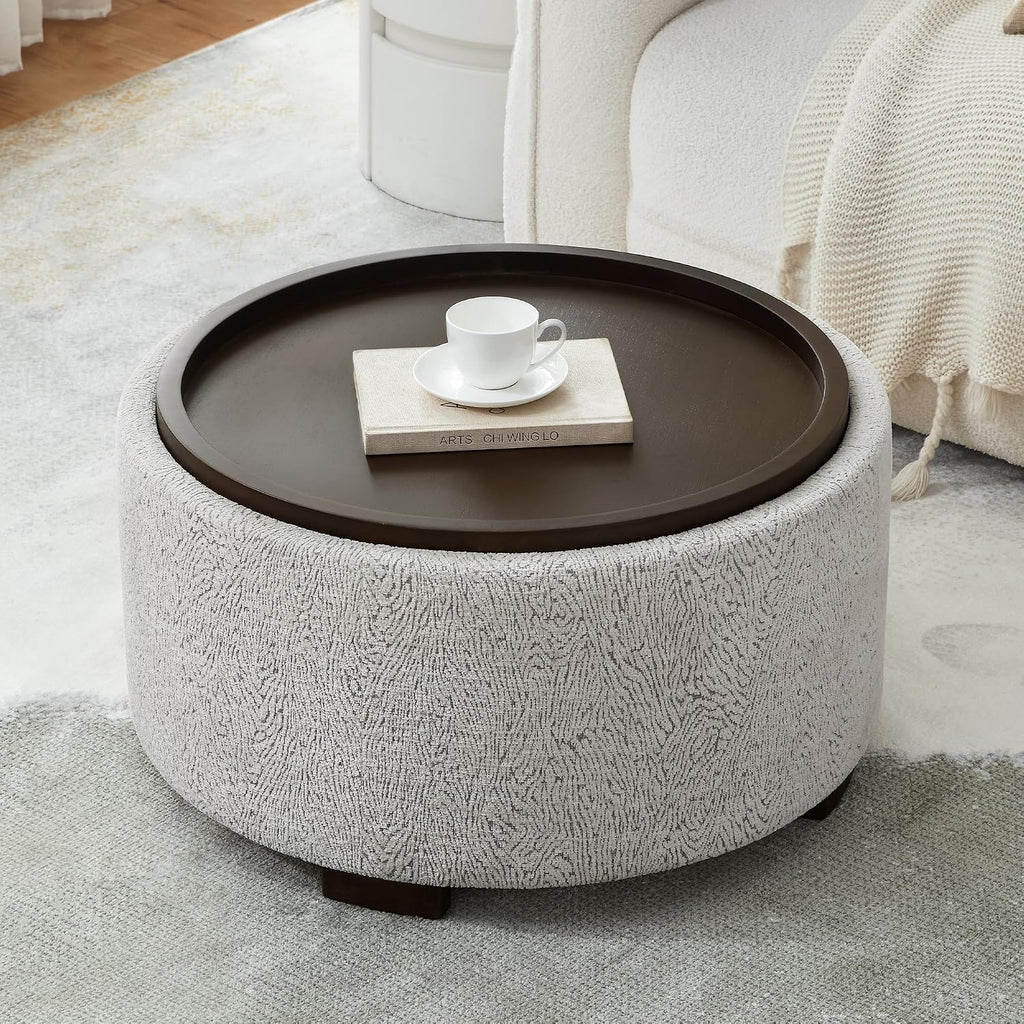 Round Boucle Storage Ottoman Coffee Table with Lid