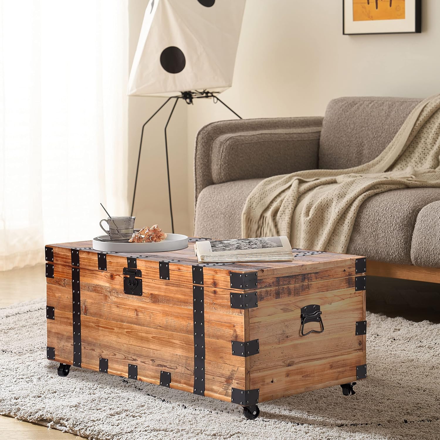 Rustic Wooden Wheeled Lift‑Top Storage Trunk Table