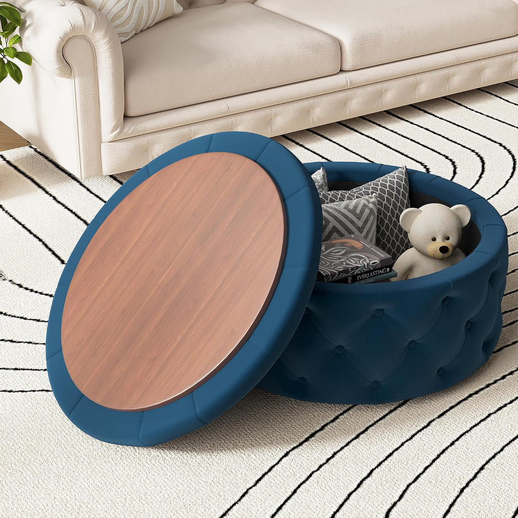 Round Storage Ottoman with Removable Tray Coffee Table