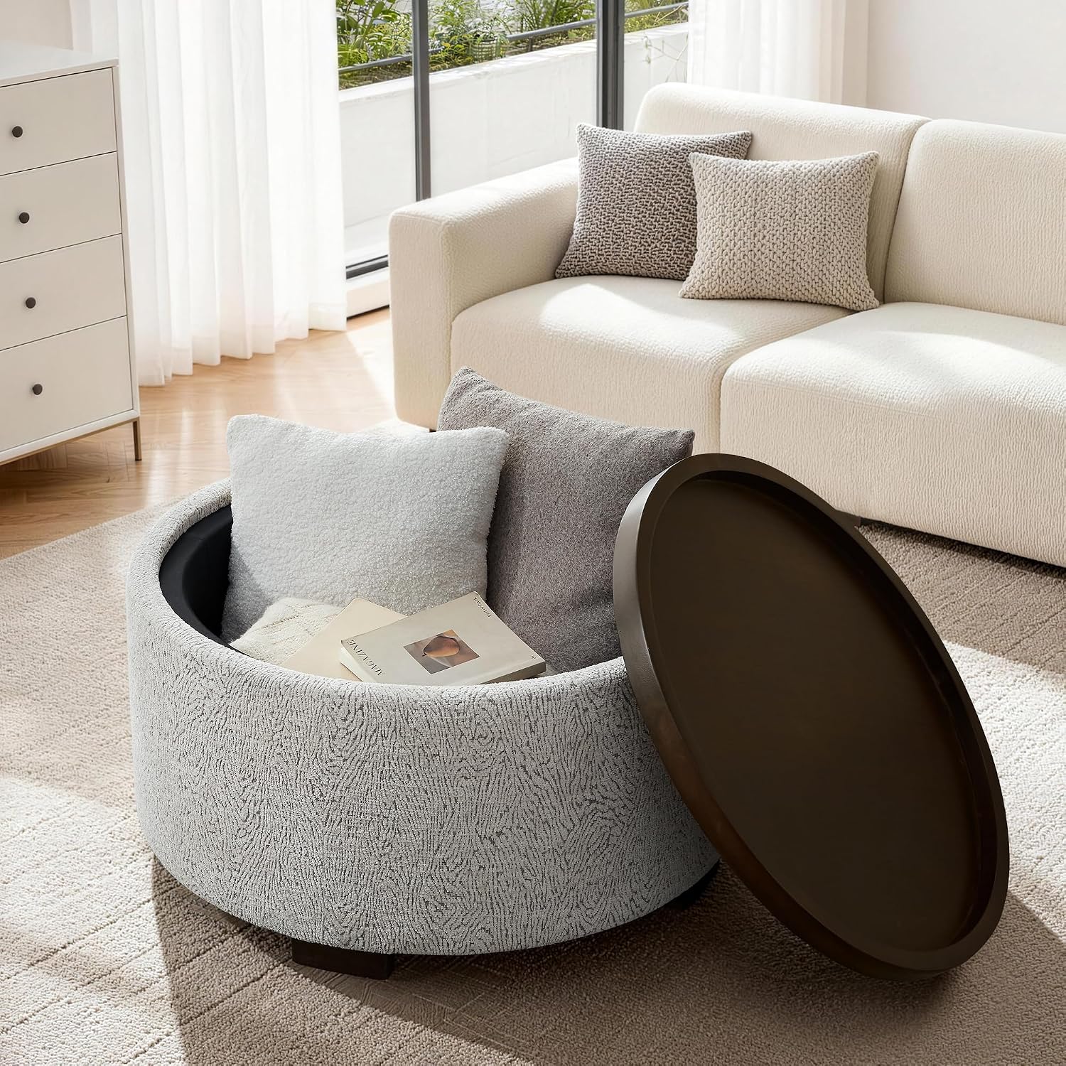 Round Boucle Storage Ottoman Coffee Table with Lid