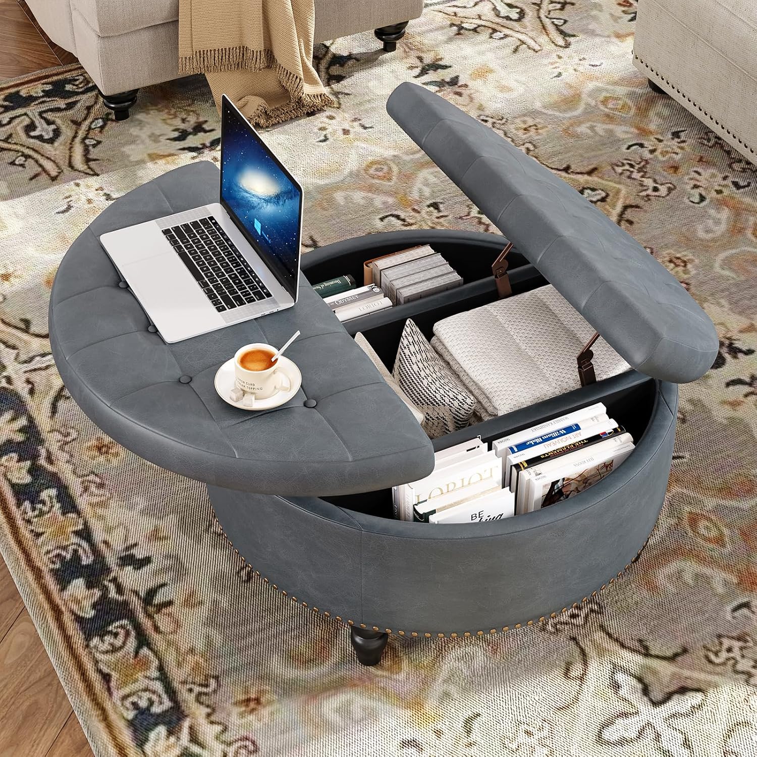 Large Round Fabric Storage Ottoman Coffee Table