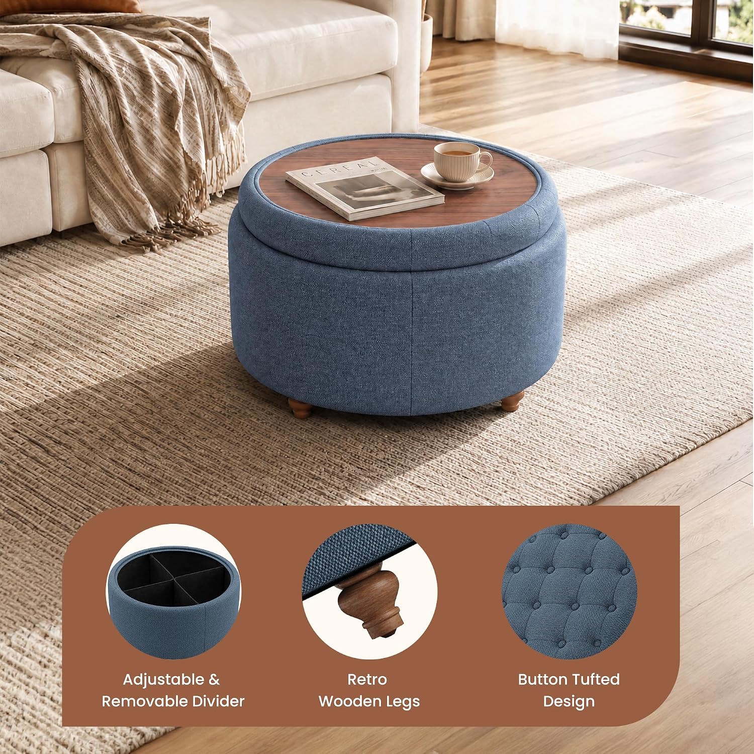 Small Round Storage Ottoman Coffee Table with Tray