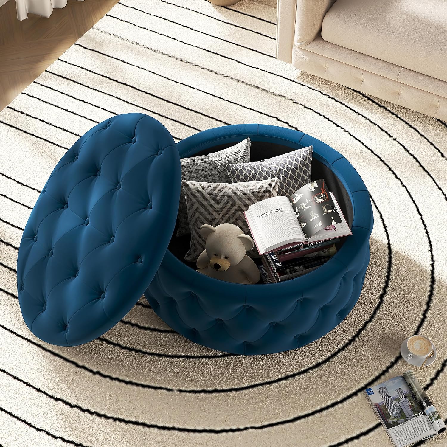 Round Storage Ottoman with Removable Tray Coffee Table