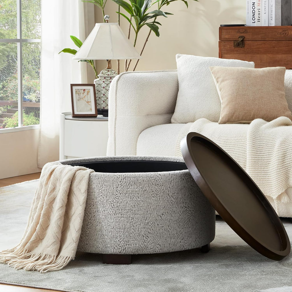 Round Boucle Storage Ottoman Coffee Table with Lid
