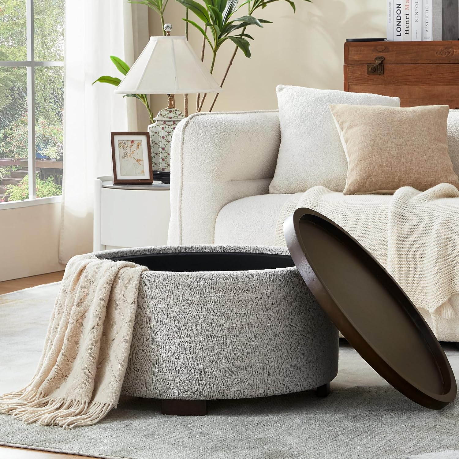 Round Boucle Storage Ottoman Coffee Table with Lid