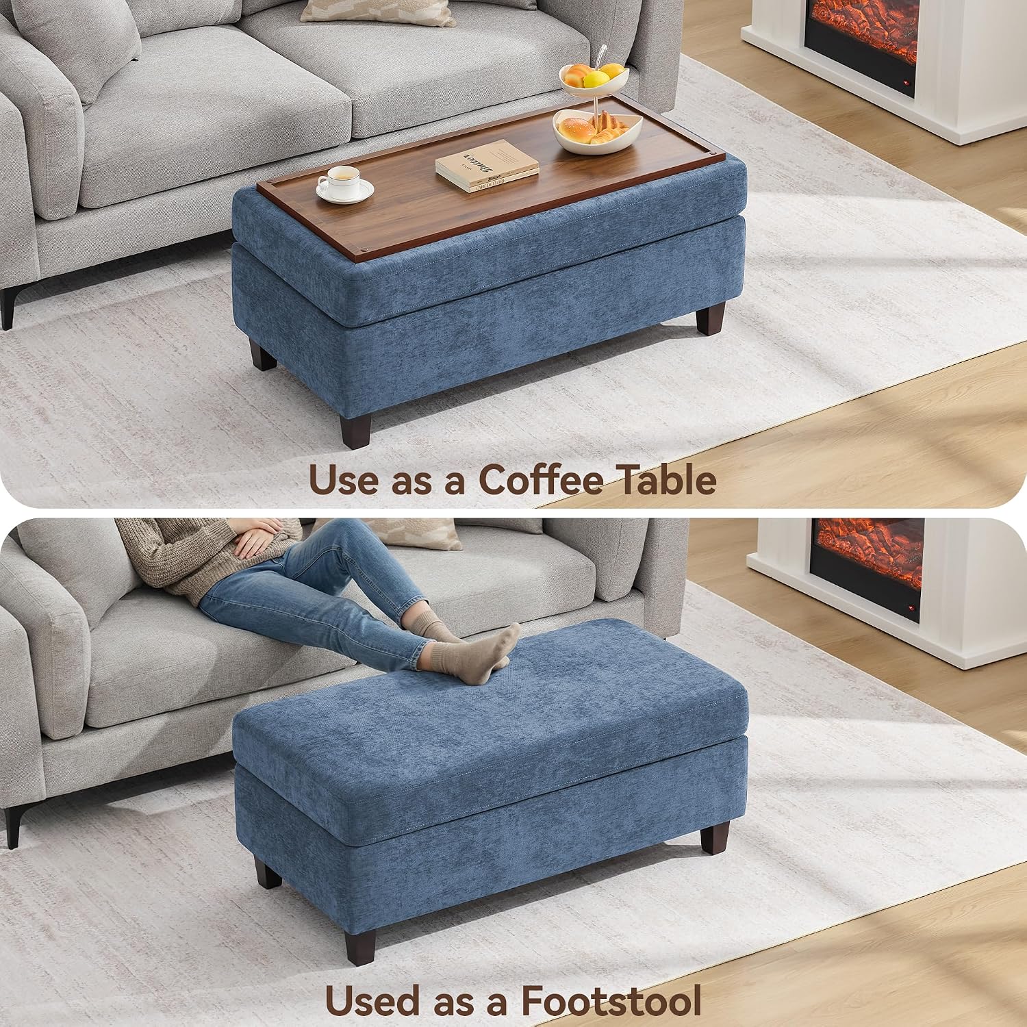 Large Chenille Storage Ottoman Bench Coffee Table