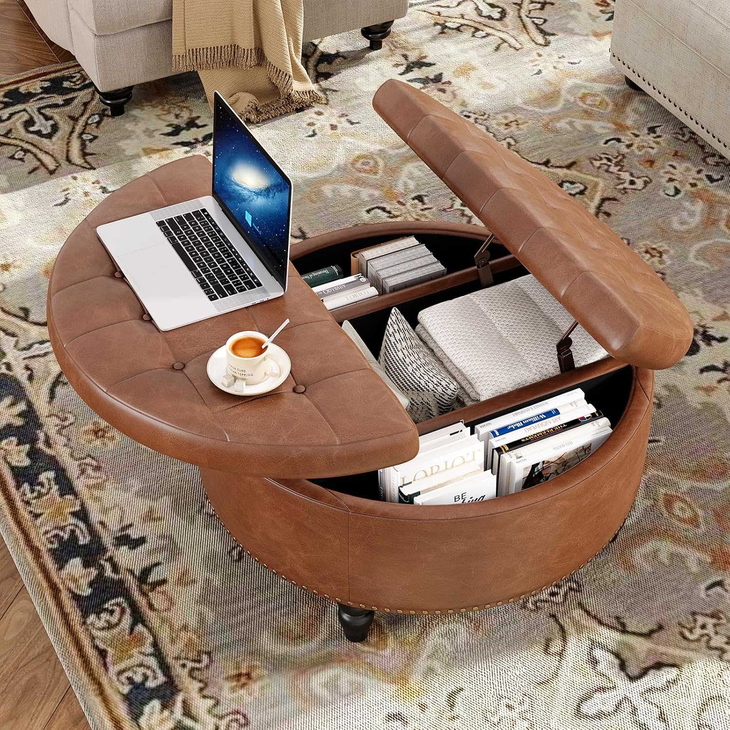 Large Round Fabric Storage Ottoman Coffee Table