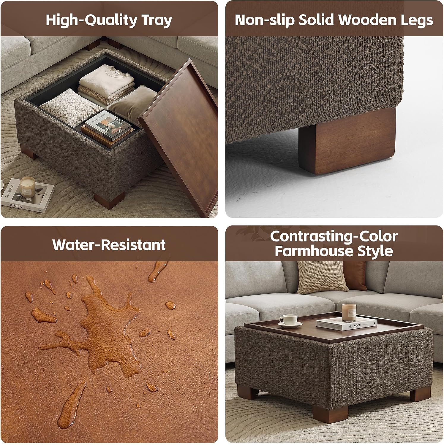 Square Boucle Storage Ottoman Coffee Table with Tray