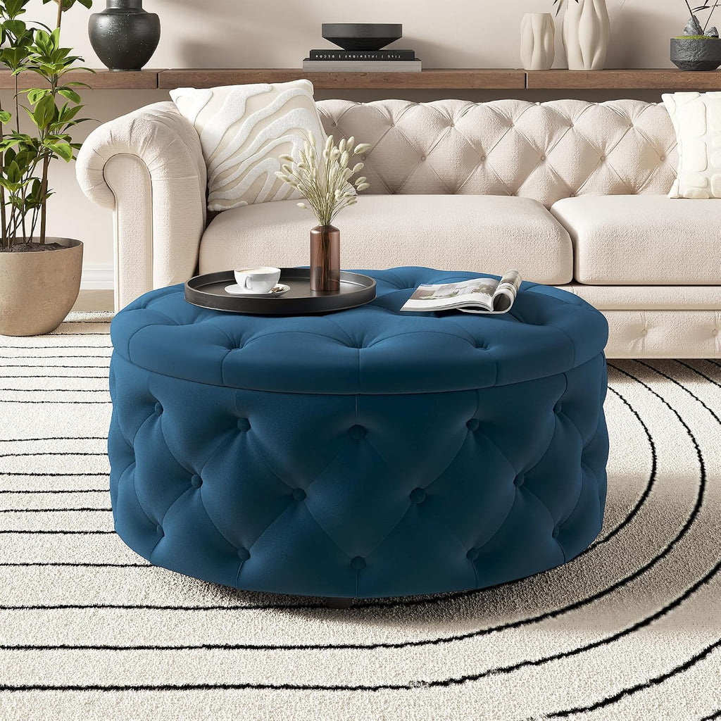 Round Storage Ottoman with Removable Tray Coffee Table