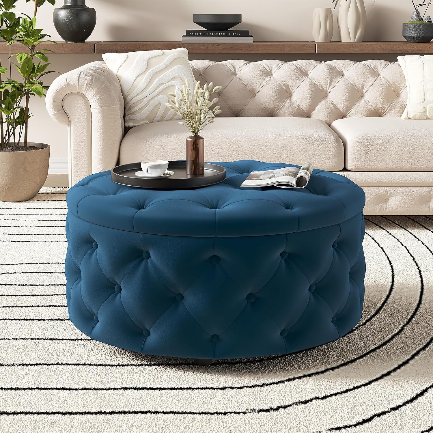 Round Storage Ottoman with Removable Tray Coffee Table