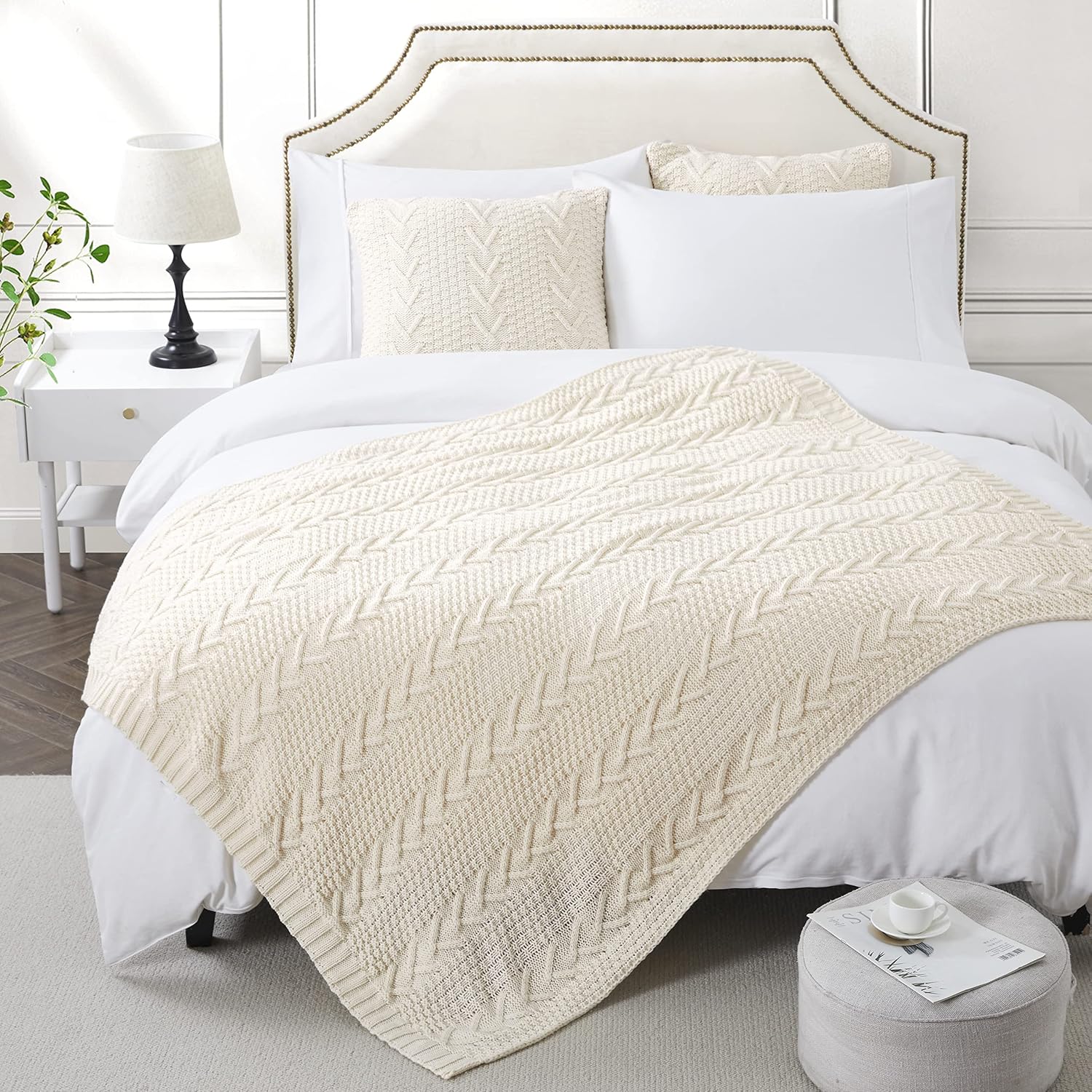 Cream Knitted Throw Blanket Pillow Cover Set