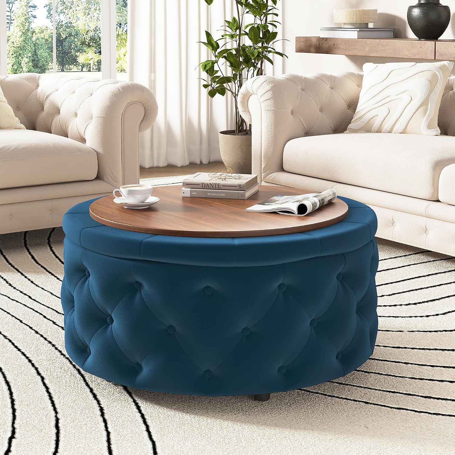 Round Storage Ottoman with Removable Tray Coffee Table