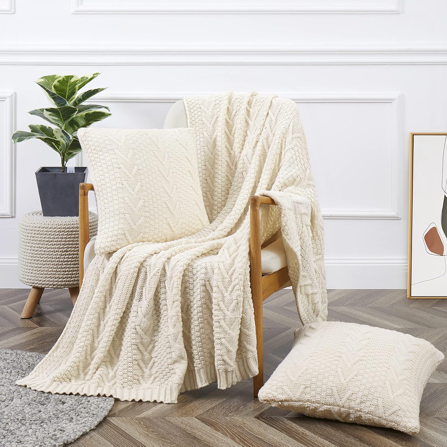 Cream Knitted Throw Blanket Pillow Cover Set