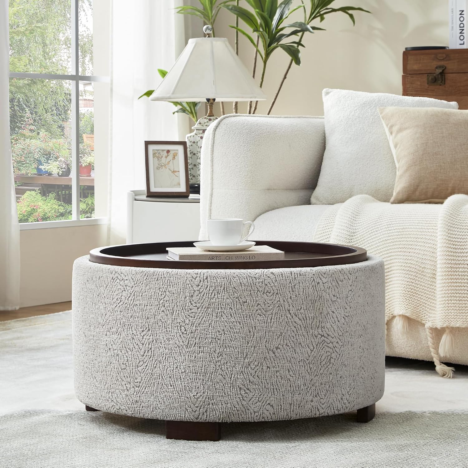 Round Boucle Storage Ottoman Coffee Table with Lid