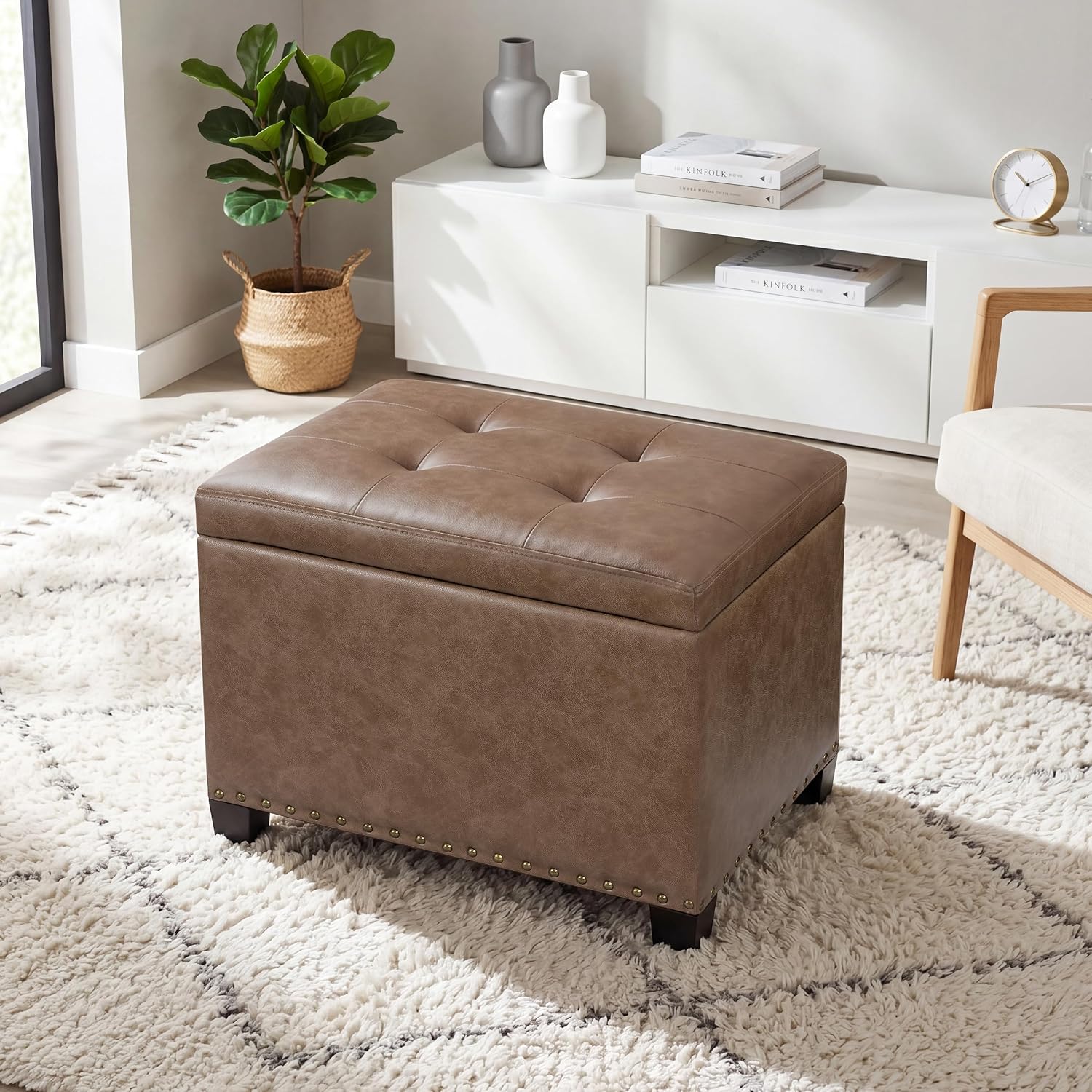 Tufted Faux‑Leather Storage Ottoman Coffee Table