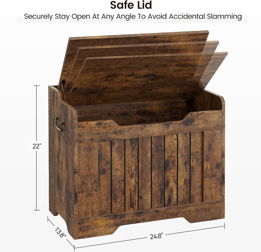 Rustic Wooden Safety‑Hinge Storage Bench Chest