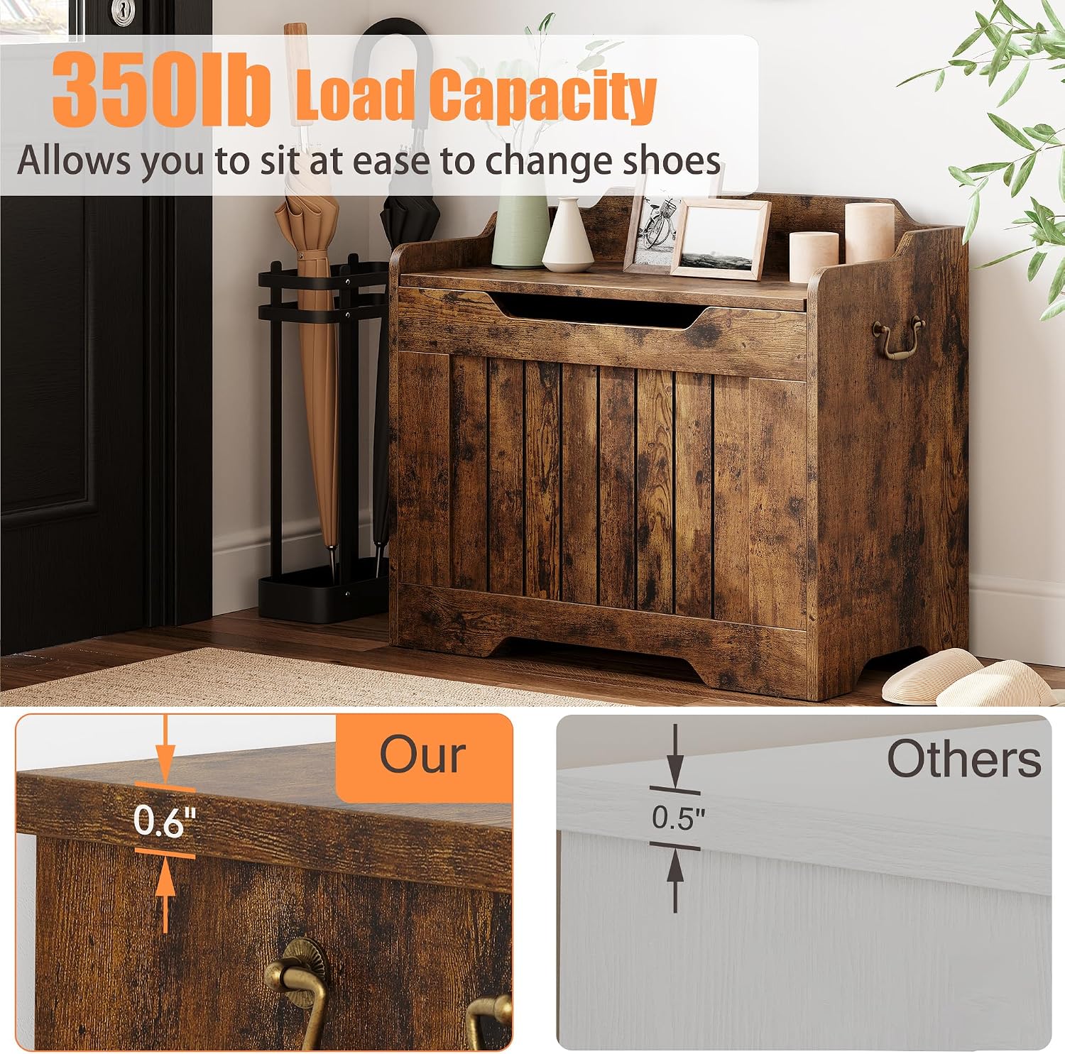 Rustic Wooden Safety‑Hinge Storage Bench Chest