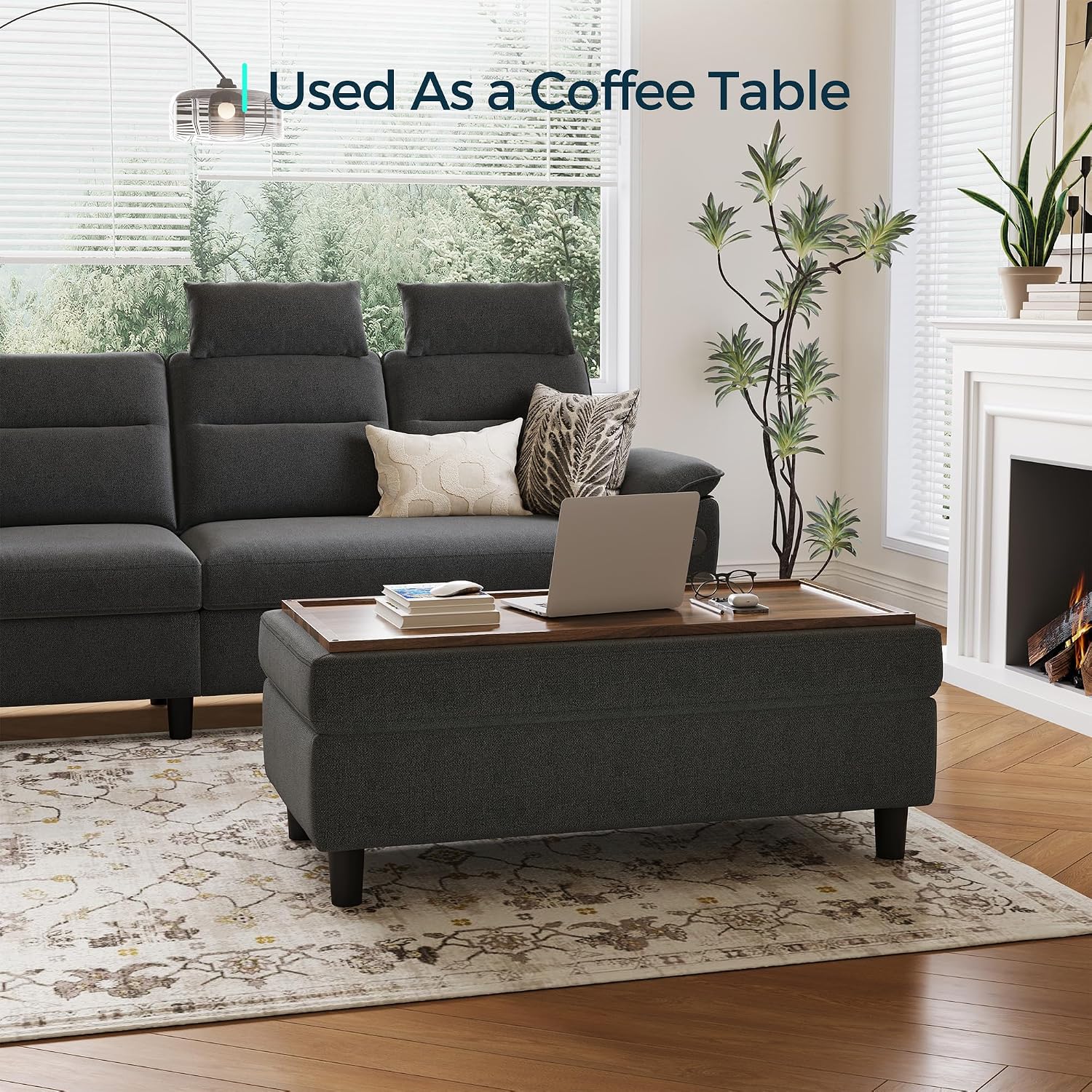 Linen Wide Storage Ottoman Bench Foot Stool