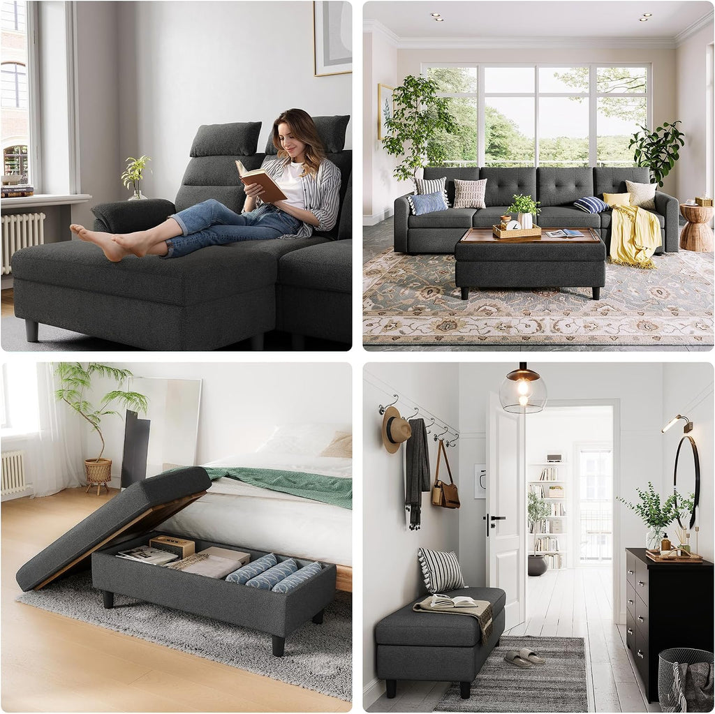 Linen Wide Storage Ottoman Bench Foot Stool